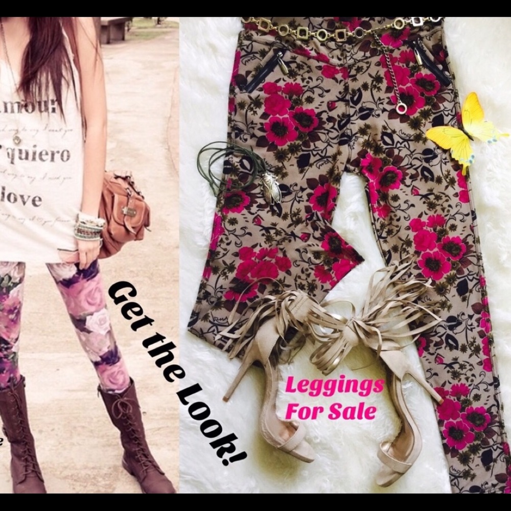 COCO + CARMEN Khaki Rose Print L/XL Leggings NWT - Picture 3 of 7